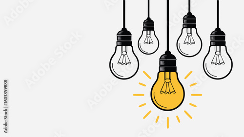 Hanging Light Bulbs with One Illuminated in Yellow Against a Plain Background Illustration