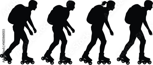 Silhouette of four individuals rollerblading in a row, wearing backpacks, showing dynamic motion