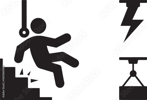 Workplace Hazard Safety Icons Solid Black Symbols of Falling Worker, Electrical Shock, Crane Load, and Heavy Lifting Risk