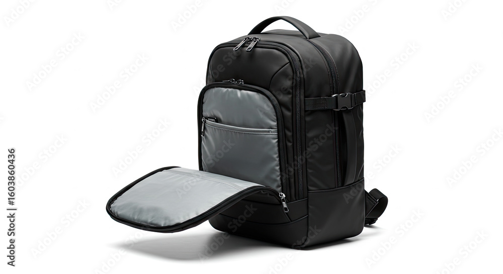 Naklejka premium Modern Black Backpack with Open Pocket.