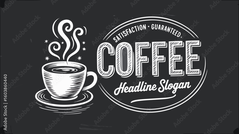 Fototapeta premium Illustrated Coffee Cup, Satisfaction Guaranteed Slogan, Steaming Coffee, Headline Text on Black Background