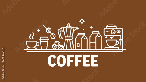 Illustrated Coffee Preparation Items Espresso Machine, Beans, Milk, Coffee Cups on Brown Background