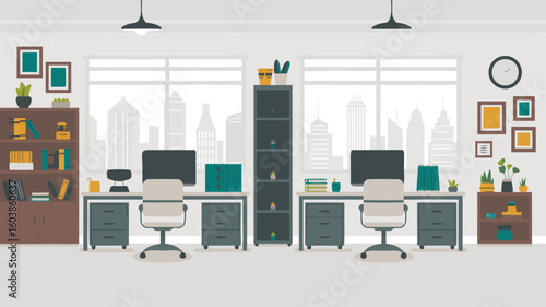 Illustrated Office Space Featuring Desks, Chairs, Bookshelves, City View, and Decorative Items