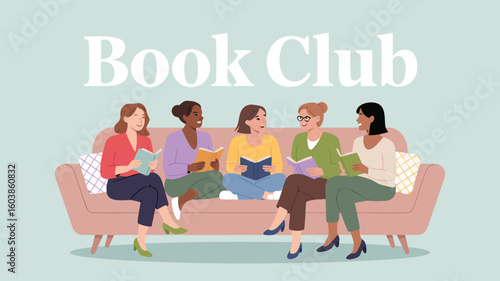 Illustrated Women's Book Club Reading Together on Couch, Sharing Literary Discussions and Friendship