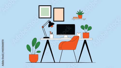 Illustrated Workspace with Computer, Orange Chair, Desk Lamp, Plants, and Frames on Blue