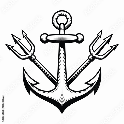 Vintage Anchor and Trident Illustration in Black and White Style