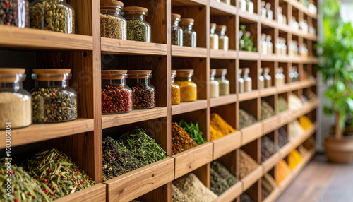 Wallpaper Mural A beautifully organized spice rack displays an array of colorful spices and herbs in glass jars and wooden containers, enhancing culinary creativity. Torontodigital.ca