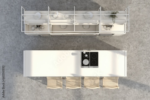 Overhead view of a modern, minimalist kitchen island