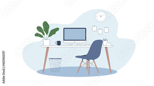 Minimalist Home Office Illustration Desk with Computer, Plant, Chair, and Clock on Blue Background