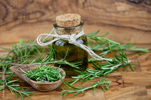 Rosemarin Salvia rosmarinus auf Olivenholz