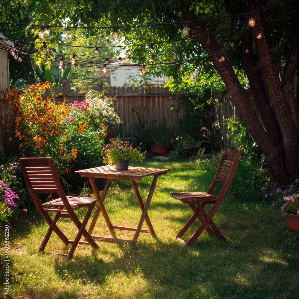 Obraz premium Sunny backyard patio setting under a leafy tree canopy. Wooden table and chairs, vibrant flowers, soft lighting