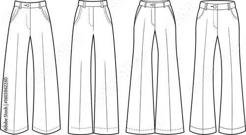 Women’s wide leg pants technical flat sketch, fashion trousers front view, vector CAD drawing for apparel design and garment production