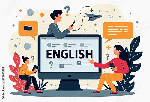 Dynamic Online English Language Learning Vector Illustration with Diverse Students and Digital Tools, Perfect for Educational Platform Banners, E-learning Promotions, or Skill Development Content.
