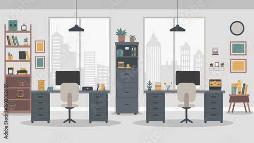 Modern Office Interior with Desks, Chairs, Bookshelves and Cityscape View Illustration