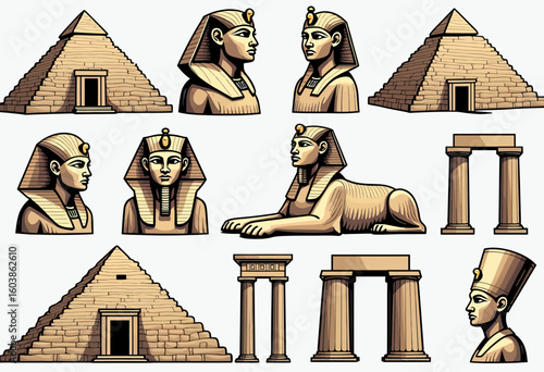 Authentic Ancient Egyptian Artifacts Vector Collection, Featuring Iconic Pyramids, Sphinx Statues, Pharaoh Busts, and Columns, Ideal for Historical Education Materials or Cultural Heritage Displays.
