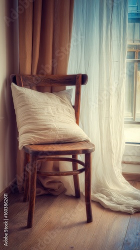 Wooden chair with cream pillow by window