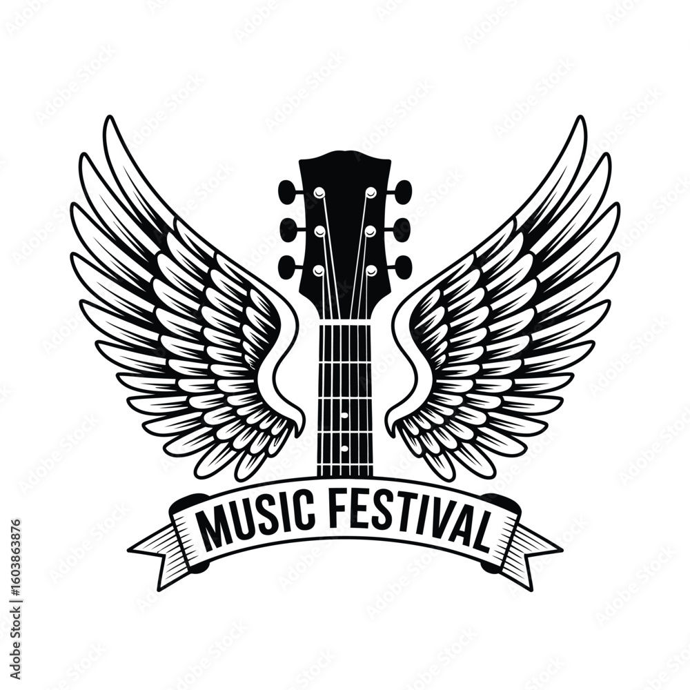 Fototapeta premium Guitar with Wings Music Festival Vector Illustration Black and White