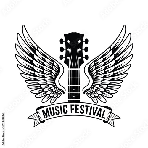 Guitar with Wings Music Festival Vector Illustration Black and White