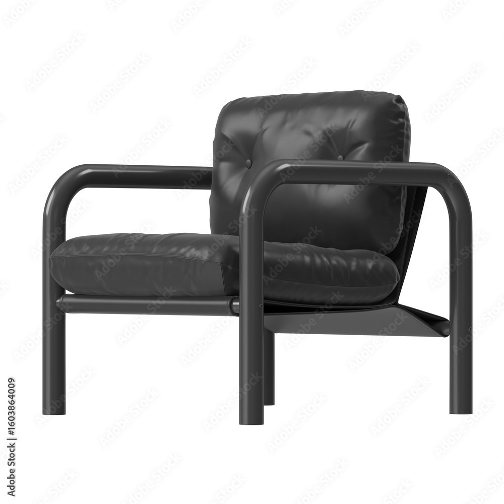 Naklejka premium Black Leather Modern Lounge Chair 3D Render Front-Quarter View Isolated Transparent Background