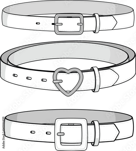 Stylish belt vector flat sketch, fashion accessories with heart and square buckles, leather strap cad drawing flat illustration
