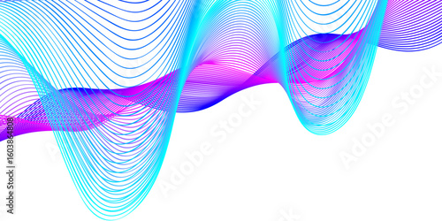 "Flowing Abstract Vector Lines in Blue and Pink on White Background — Representing the Interplay of AI Intelligence, Modern Technology, Communication Systems, and Musical Patterns"