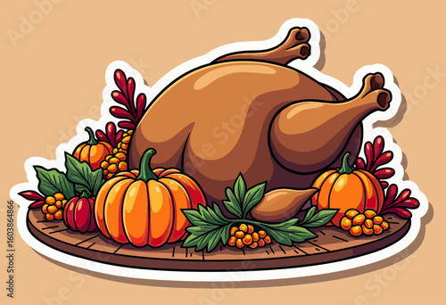 Heartwarming Thanksgiving Feast Illustration with a Roasted Turkey, Pumpkins, and Autumn Foliage, Ideal for Festive Holiday Greeting Cards, Seasonal Dinner Invitations, or Harvest Celebration Graphics