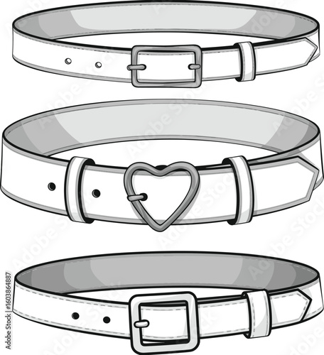 Fashion belts technical illustration set with different buckles, heart detail design, trendy waist accessories flat sketch, cad drawing vector