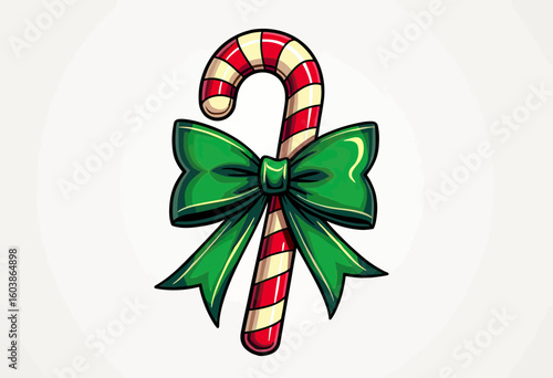 Classic Christmas Candy Cane Vector Illustration Adorned with a Festive Green Bow, Perfect for Traditional Holiday Decorations, Seasonal Greeting Cards, or Sweet Winter Event Invitations.
