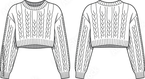 Cable knit cropped sweater technical flat, fashion cad drawing front and back, ribbed hem design, cozy winter wear illustration