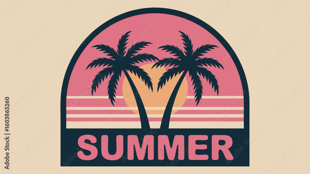 Obraz premium Retro Summer Palm Tree Vintage Style Badge with Sunset Illustration and Pink Accents