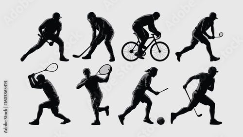 Silhouettes of Cyclist, Tennis, Squash, Soccer, Golf, Lacrosse and Hockey Players Against Grey Background