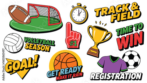 Sports Graphics Compilation Football, Hockey, Volleyball, Basketball, Soccer, Track and Field, Trophy, and Registration