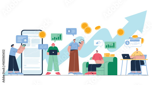Team Working with Charts, Smartphones, Laptops and Growing Arrow Showing Business Success