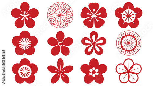 Twelve Red Plum Blossom Flower Designs, Japanese Style Illustrations on White Background