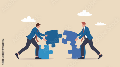 Two Businessmen Connecting Puzzle Pieces Representing Collaboration, Teamwork, and Strategic Partnership in Business