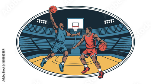 Two Basketball Players Dueling Under Stadium Lights, One Going for a Slam Dunk Illustration