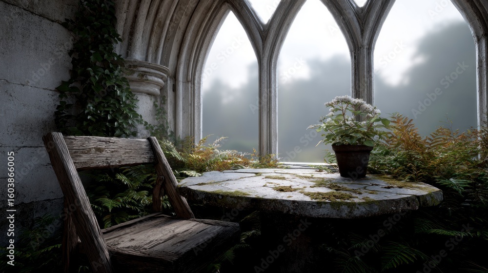 Fototapeta premium Ancient stone terrace with arched windows and a wooden chair beside a potted plant and ferns