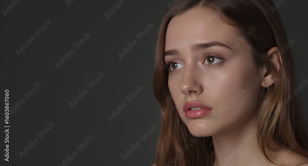 Obraz premium Elegant woman with soft makeup and natural beauty, looking thoughtfully forward