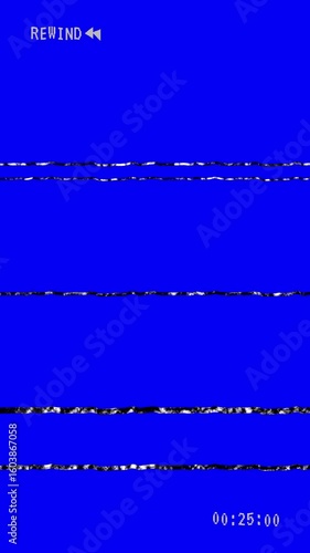 Rewind vertical VHS with timer and line distortion on blue background. 4K video