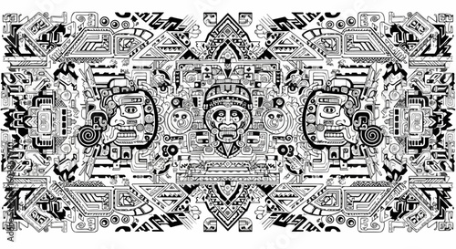 Intricate Aztec-inspired illustration with detailed patterns and ancient cultural symbols