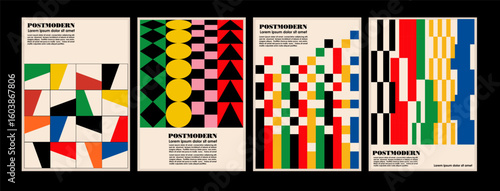 Artworks, posters inspired postmodern of vector abstract dynamic symbols with bold geometric shapes, useful for web background, poster art design, magazine front page, hi-tech print, cover artwork