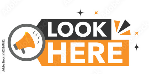 Look Here Button and Rubber Stamp Vector – Hand Drawn Pointing Sign on White Background.