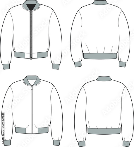 Men’s bomber jacket technical sketch front and back, vector illustration, ribbed hem and cuff, flat fashion cad drawing template