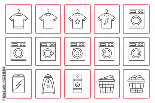 Laundry Icons and Symbols Collection for Laundry Room and Cleaning Services Visual Representations Simple Linear Style Vector Illustration Set