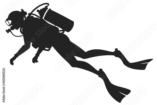 Scuba Diver Silhouette in Deep Water Exploring Ocean Life Underwater Adventure Vector Illustration