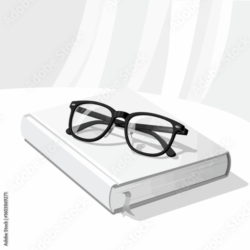 Black framed glasses lying on a crisp white book against a clean white background embodying knowledge and learning