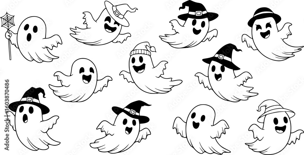 Obraz premium black and white vector illustration of a group of cute Halloween ghosts, on white background