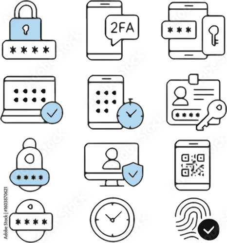 two factor authentication 2fa digital security icon set in flat pastel vector style