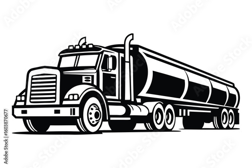 Black and White Vector Illustration of a Semi Truck with Tanker Trailer for Liquid Transportation Services and Logistics Operations