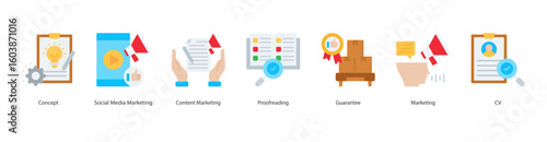 Content Marketing banner web icon set vector illustration concept with icon of concept, social media marketing, content marketing, proofreading, guarantee, marketing, cv
